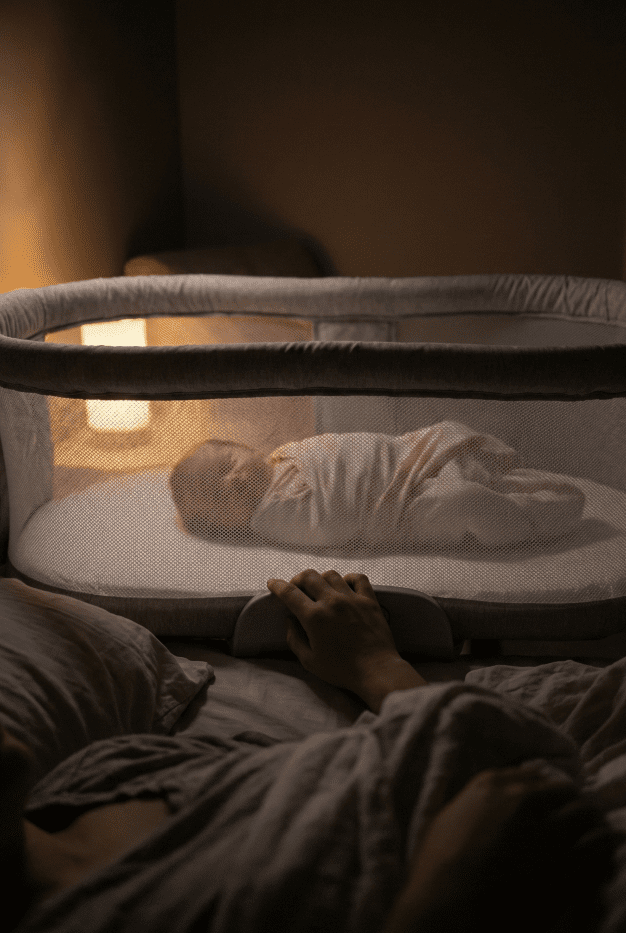 A parent's point-of-view photograph looking through the breathable mesh side of the Halo BassiNest 3.0 at night, showing visibility of the baby from the bed.