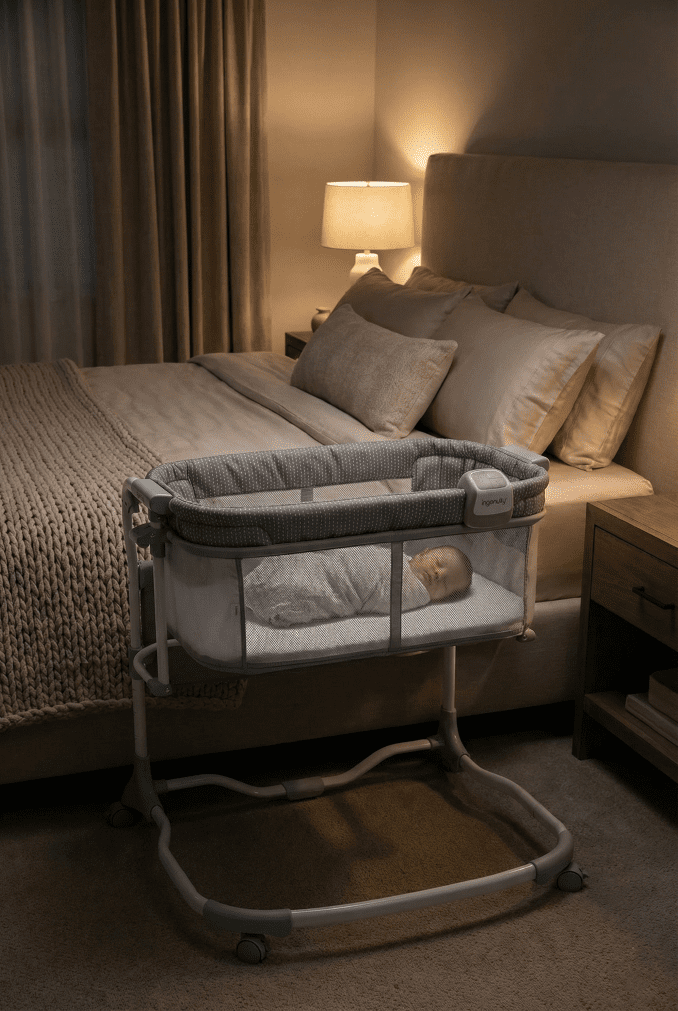 A nighttime view of the Ingenuity Dream & Grow Bassinet next to an adult bed, showing the sleeping baby through the breathable mesh side.