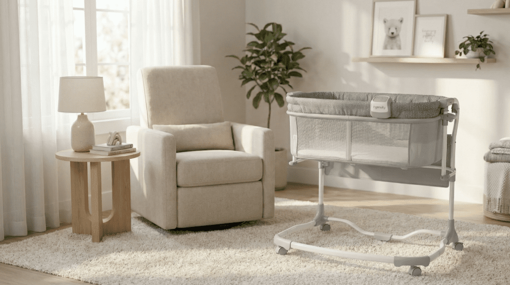 A close-up view of the Ingenuity Dream & Grow Bassinet in a nursery setting, as detailed in the Ingenuity Dream & Grow Bassinet Review.