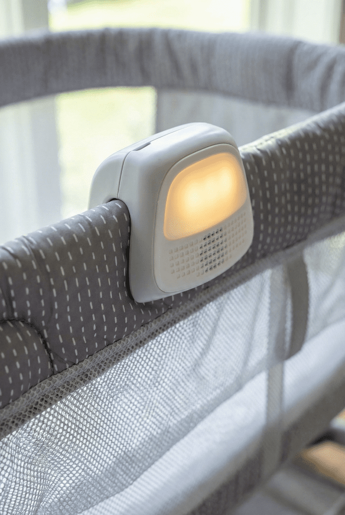 Detail shot of the integrated nightlight and sound machine module on the Ingenuity Dream & Grow Bassinet glowing in the dark.