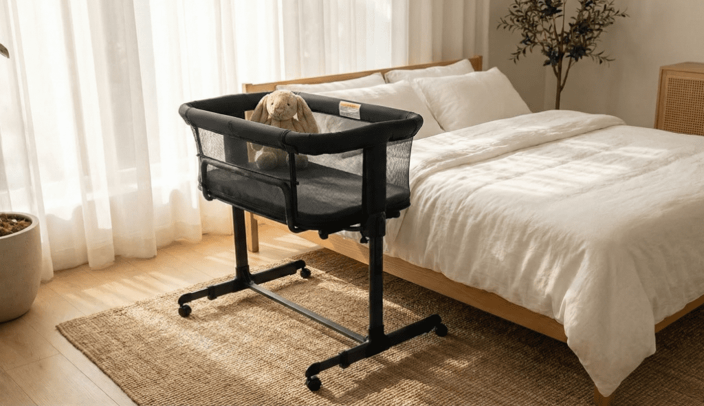 KoolerThings 3 in 1 Bassinet review set up in bedside sleeper mode next to an adult bed, featured in our full review.