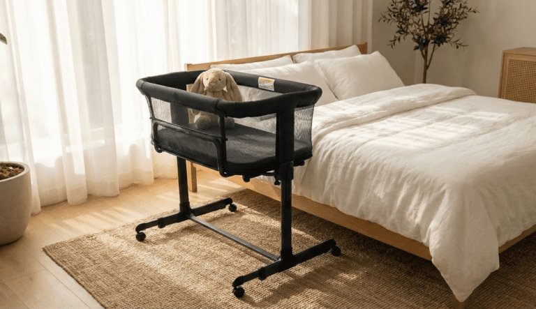 KoolerThings 3 in 1 Bassinet review set up in bedside sleeper mode next to an adult bed, featured in our full review.