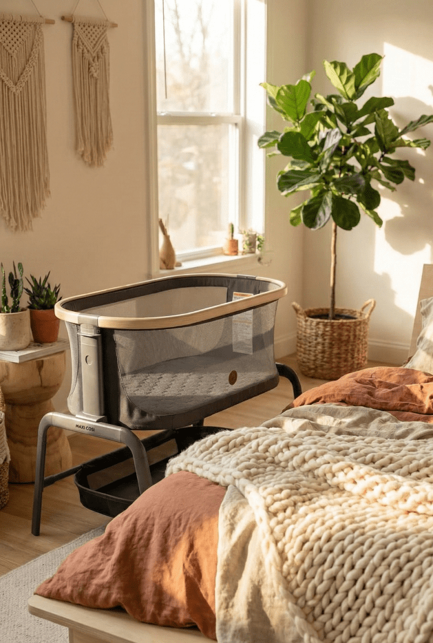 A vertical shot of the Maxi Cosi Iora bedside bassinet with its wood frame and grey fabric, placed next to an adult bed in a sunlit, boho-style nursery corner.