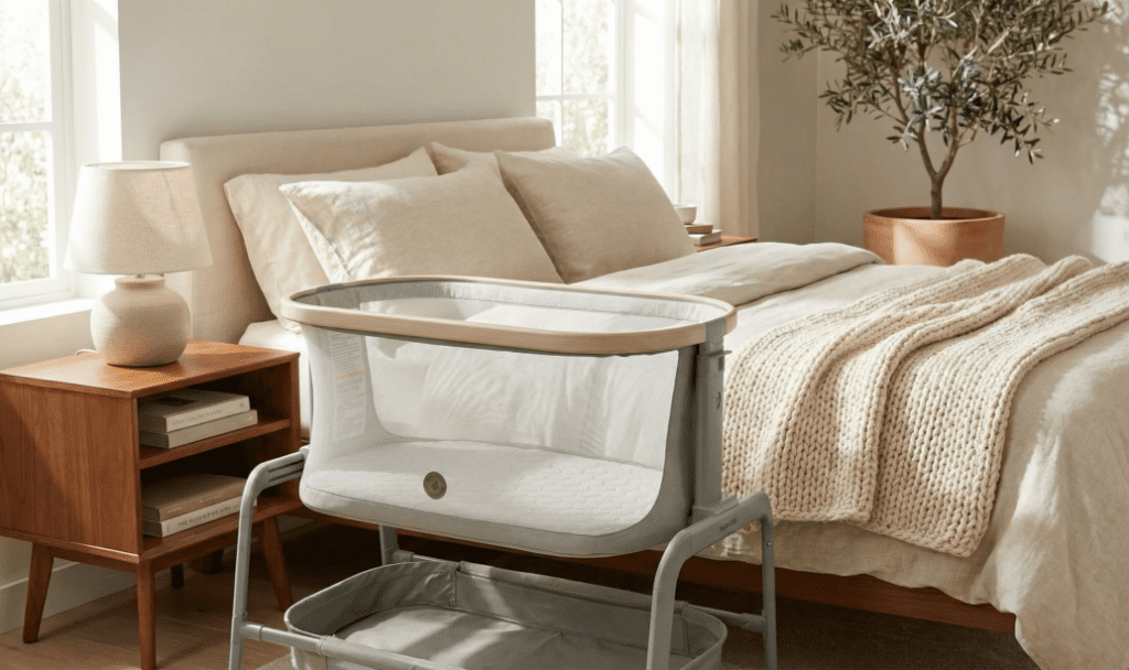 A horizontal featured image for a Maxi Cosi Iora Bassinet Review, showing the stylish grey and wood bedside sleeper placed next to an adult bed in a sunlit, modern bedroom