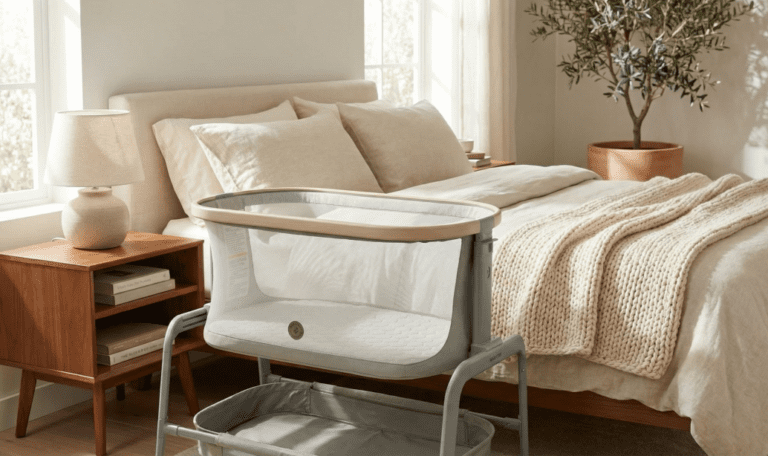A horizontal featured image for a Maxi Cosi Iora Bassinet Review, showing the stylish grey and wood bedside sleeper placed next to an adult bed in a sunlit, modern bedroom