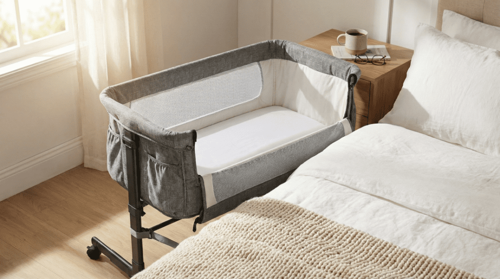 A gray Mika Micky bedside sleeper securely attached next to an adult mattress in a sunlit bedroom, illustrating the safety setup discussed in our Mika Micky bedside sleeper review.