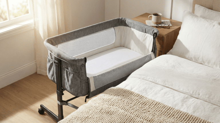 A gray Mika Micky bedside sleeper securely attached next to an adult mattress in a sunlit bedroom, illustrating the safety setup discussed in our Mika Micky bedside sleeper review.