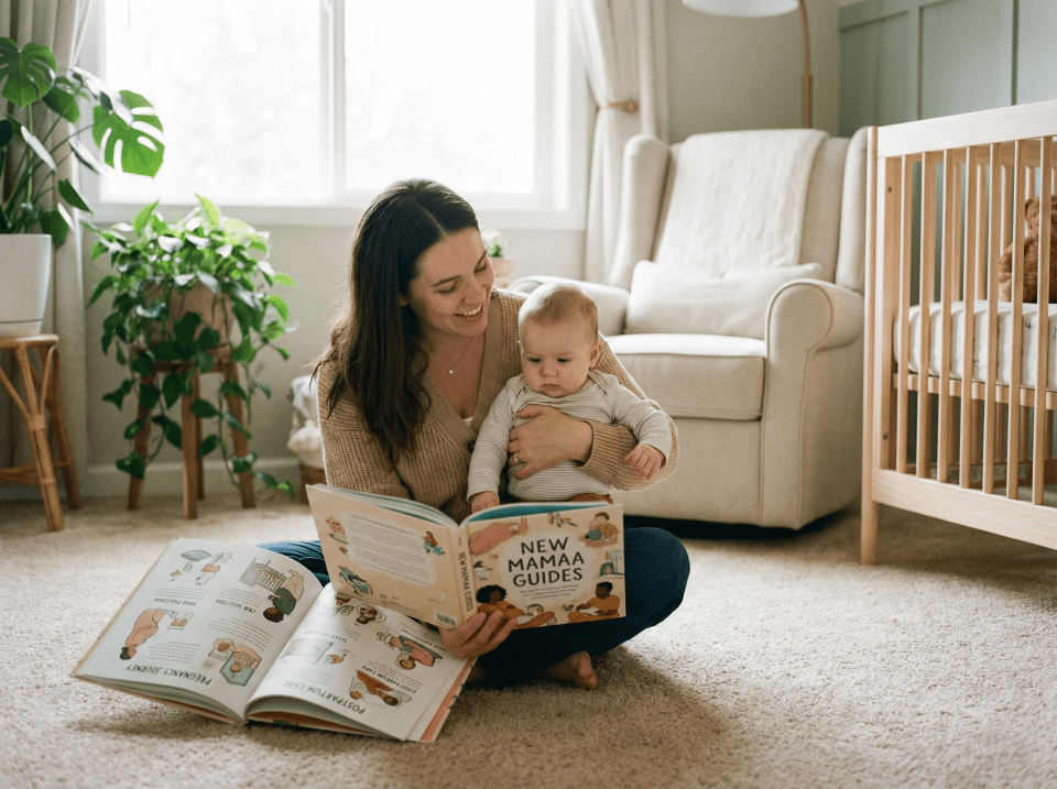 A mother and baby representing the New Mamaa guides section, featuring resources on pregnancy care, crib selection, and newborn essentials.