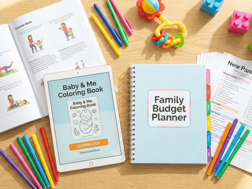 A vibrant display of parenting resources on a desk, featuring exercise books, downloadable coloring pages, and family budget planners.