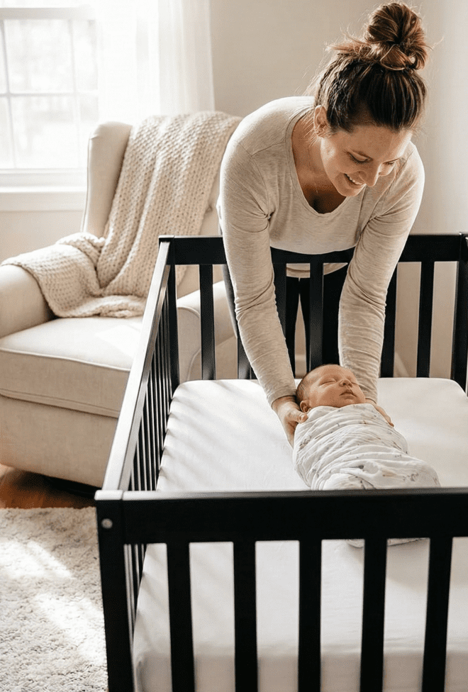 A parent leaning over the rail of the Dream On Me Synergy 5-in-1 crib review to place a sleeping baby on the highest mattress setting.
