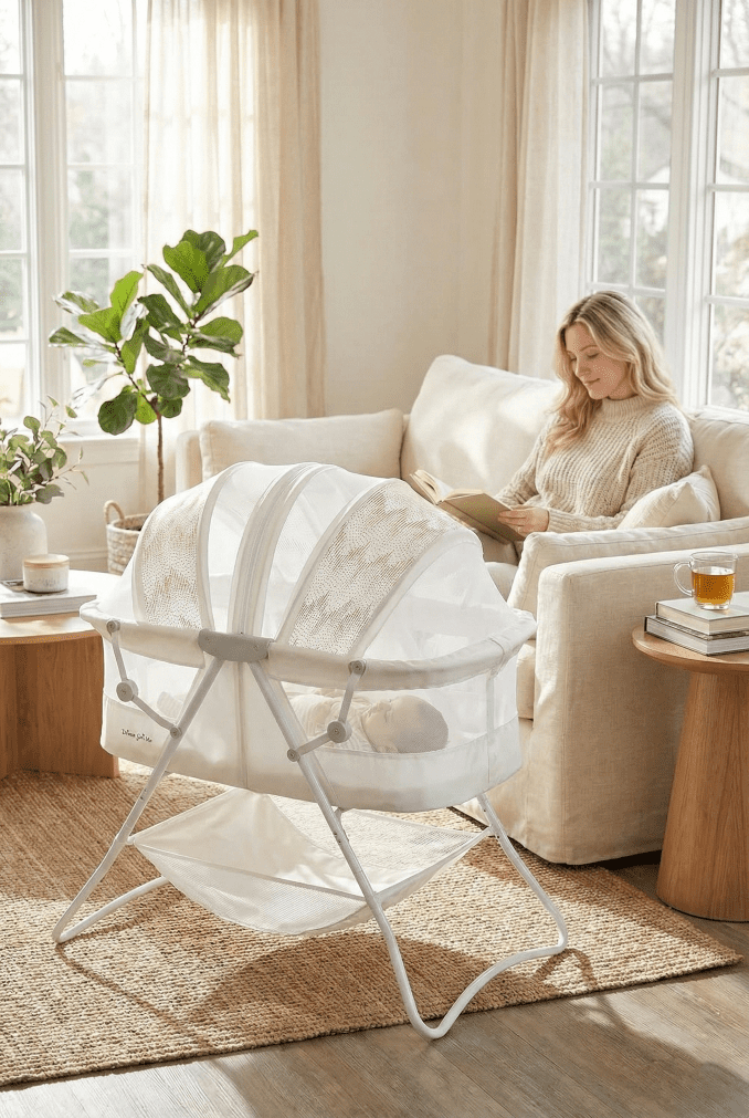 Dream On Me Karley Bassinet Review (2026): Cat-Proof & Compact? 5 The portable Dream On Me Karley bassinet set up in a bright living room for a daytime nap while a mom rests nearby.