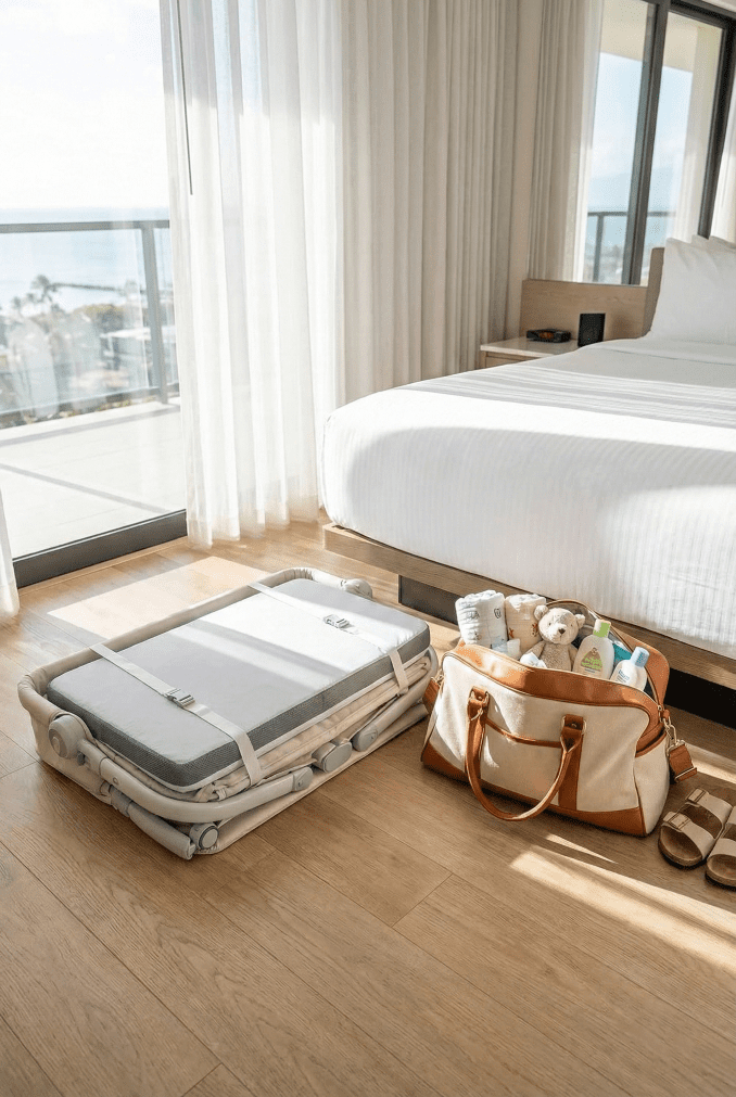 BABYJOY Rocking Bassinet Review: Best Budget Travel Sleeper in 2026? 3 The portable BABYJOY bassinet set up in a hotel room next to a suitcase, demonstrating its travel-friendly design.