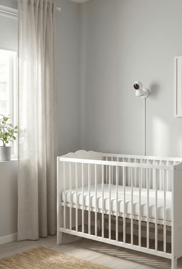 A modern nursery with a crib mattress lowered to the bottom setting, following safe sleep guidelines for older babies.