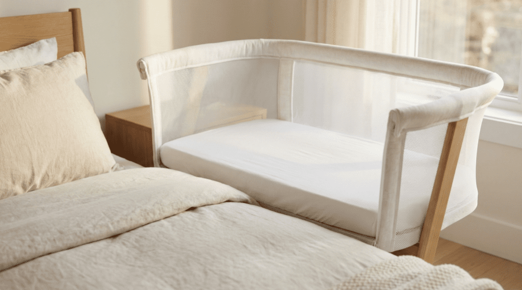 A modern, safe bedside bassinet with mesh walls next to an adult bed, illustrating the recommendations in this bassinet buying guide.