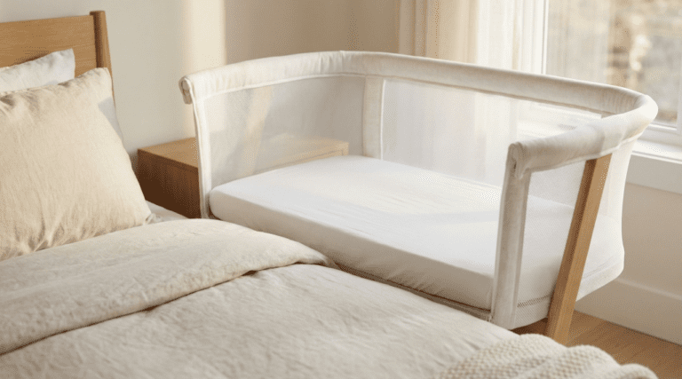 A modern, safe bedside bassinet with mesh walls next to an adult bed, illustrating the recommendations in this bassinet buying guide.
