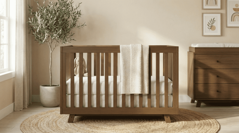 Storkcraft Beckett 3-in-1 crib review : A styled mid-century modern nursery featuring the Storkcraft Beckett 3-in-1 Convertible Crib in a dark wood finish, dressed with a cream knitted blanket and resting on a round jute rug next to an olive tree.