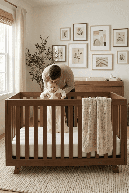 A parent gently reaching into a white Storkcraft Beckett crib to lift a baby in a cozy, decorated nursery.