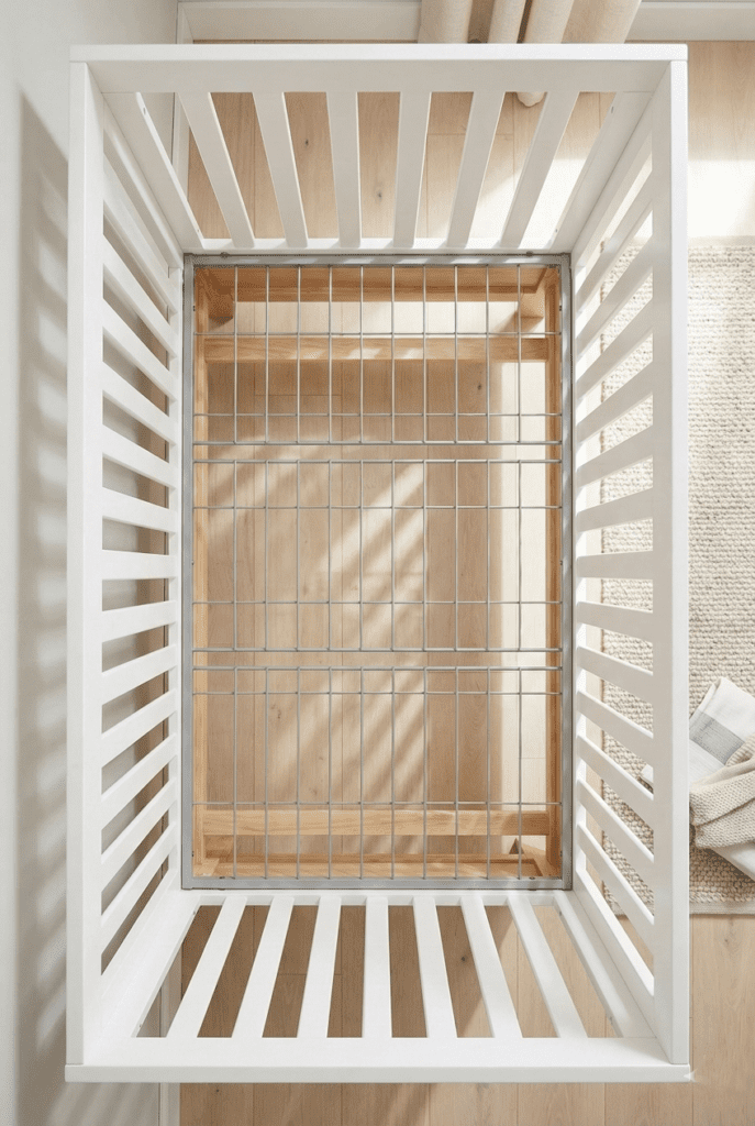 Interior view of the Storkcraft Beckett crib showing the metal mattress support base set to the highest level for a newborn, highlighting the airy slat design.