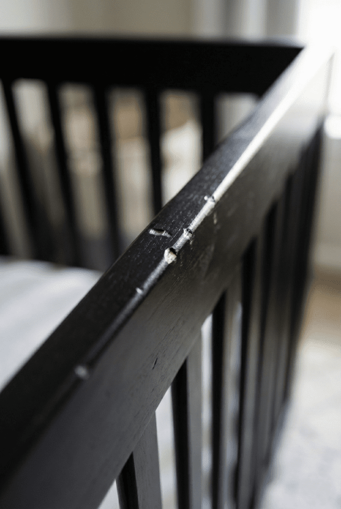 Close-up showing minor dents and scratches on the soft New Zealand pine wood top rail of a used Storkcraft Beckett crib.