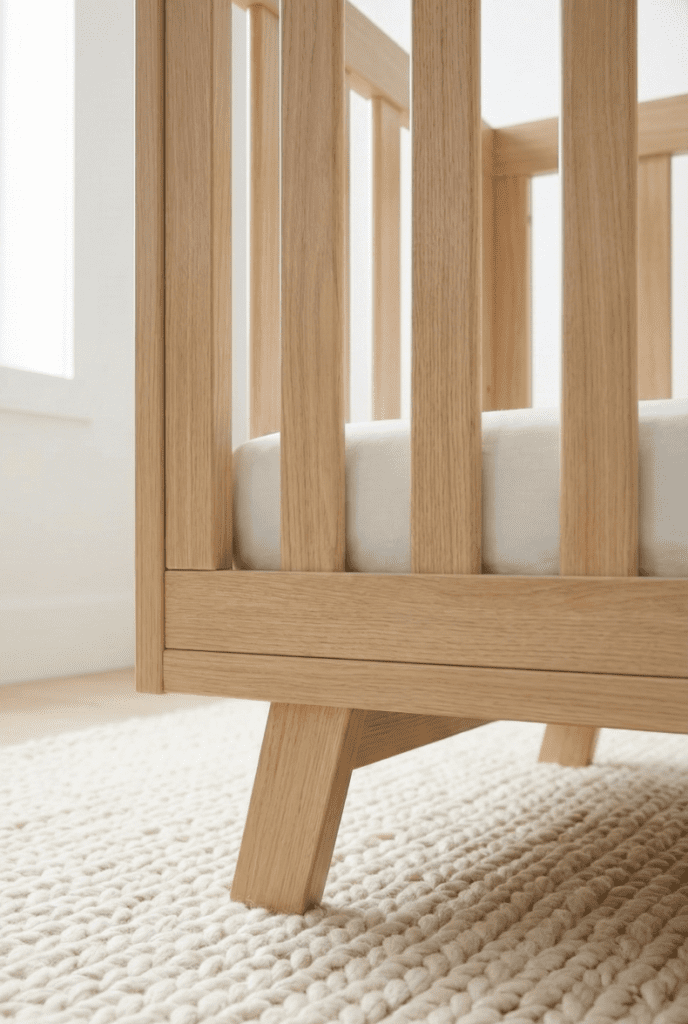 Close-up view highlighting the mid-century modern angled tapered legs and white finish of the Storkcraft Beckett crib.