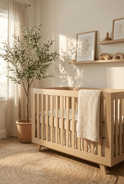 The Storkcraft Beckett 3-in-1 Convertible Crib in natural wood shown as the centerpiece of a sunlit, mid-century modern nursery.