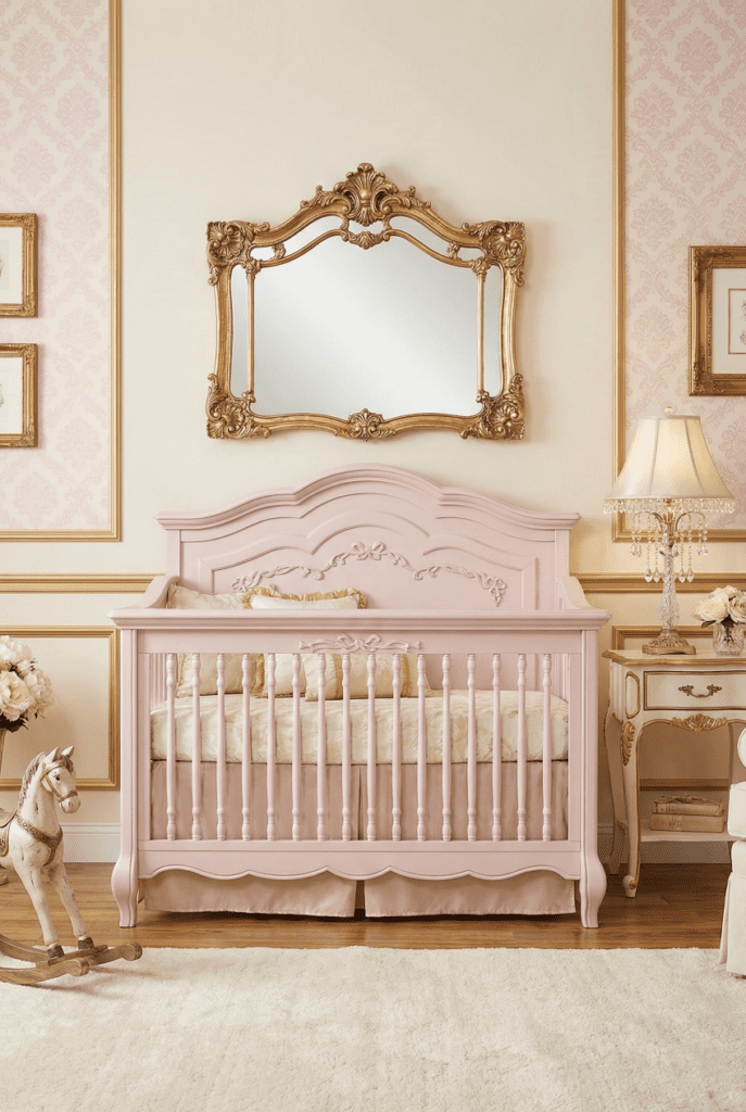 A vertical photo of a vintage glamour styled nursery featuring the évolur Aurora crib, gold accents, an ornate mirror, and luxurious decor.