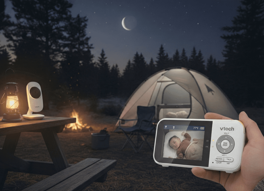 Best Camping Baby Monitor: Top Battery-Powered Picks 2026 1 A hand holds a VTech baby monitor parent unit showing a sleeping baby in a tent. The background shows a night campsite with a campfire, a lantern, and the VTech camera unit on a picnic table.