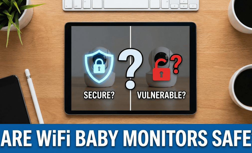 A blog featured image on a wooden desk setting. A tablet displays a split screen with a blue shield icon and "SECURE?" on the left, and a red open padlock icon and "VULNERABLE?" on the right, with a large question mark in the center. Below the tablet, a blue banner with white text reads "ARE WiFi BABY MONITORS SAFE?".