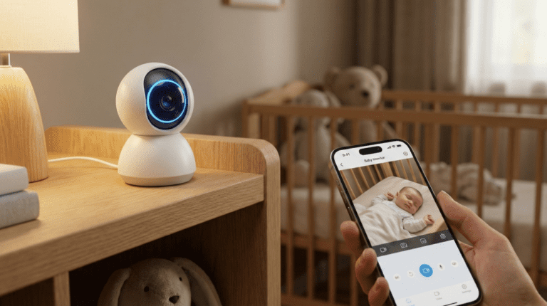 A side-by-side comparison of the best baby monitors in 2026, including a smart WiFi camera and a non-WiFi handheld monitor screen, displayed in a safe nursery setting.