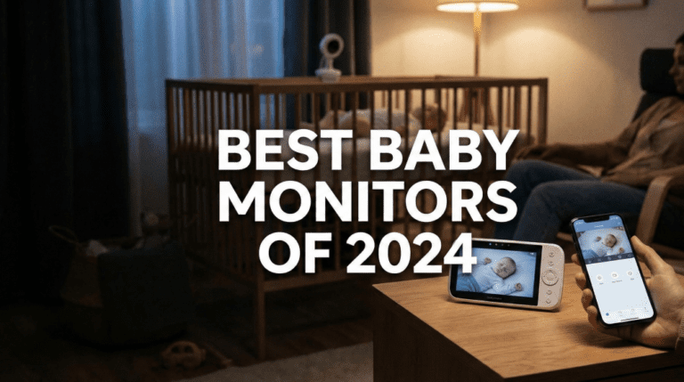 A side-by-side comparison of the best baby monitors in 2026, including a smart WiFi camera and a non-WiFi handheld monitor screen, displayed in a safe nursery setting.
