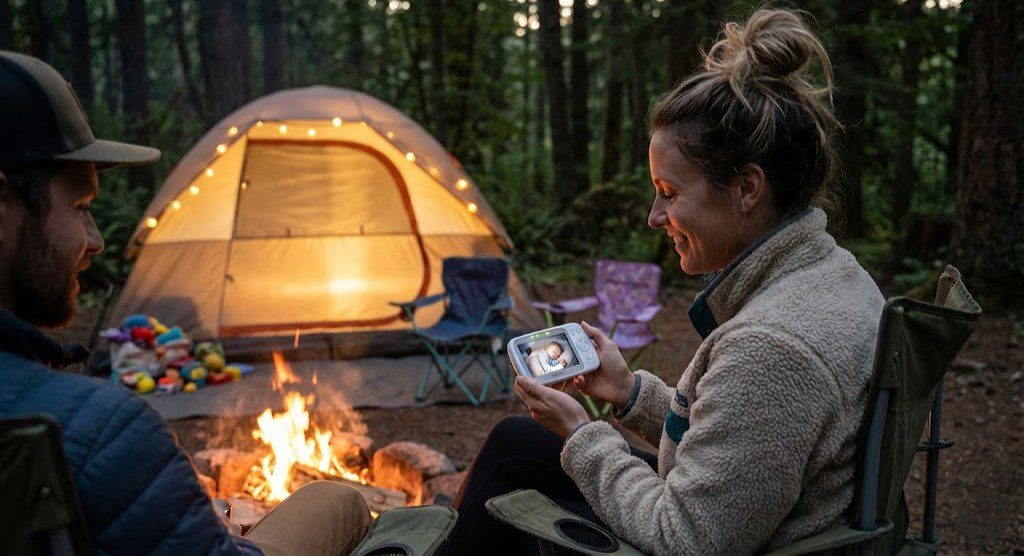 Mom smiling at a video camping baby monitor by the campfire while her kids sleep safely in a glowing tent in the background.
