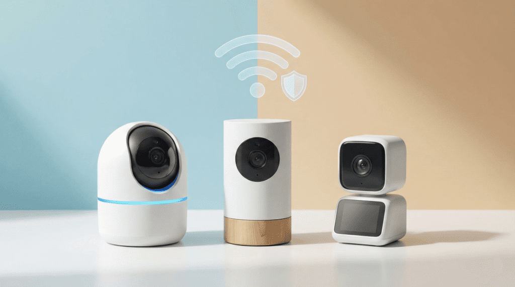 A modern smart nursery camera sitting on a shelf with a smartphone displaying a video feed, representing the best WiFi baby monitors for safety.