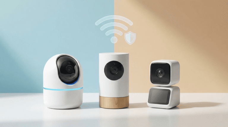 A modern smart nursery camera sitting on a shelf with a smartphone displaying a video feed, representing the best WiFi baby monitors for safety.