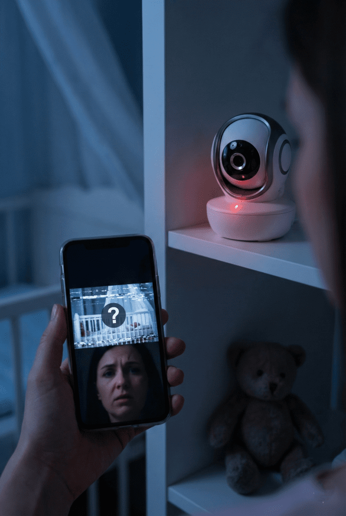 Are WiFi Baby Monitors Safe? (A 2026 Security Guide) 1 A person in a dimly lit nursery holds a smartphone displaying a pixelated baby monitor feed with a question mark over a crib and their own worried reflection. A baby monitor camera on a shelf in the background has a red indicator light on.