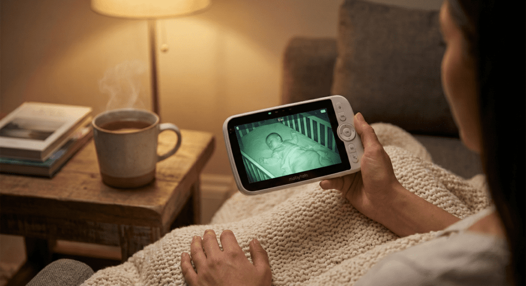 Best Baby Monitors of 2026: Tested for Safety, Sleep, and Sanity 3 A handheld non-WiFi baby monitor screen showing a clear infrared night vision view of a sleeping baby in a crib.
