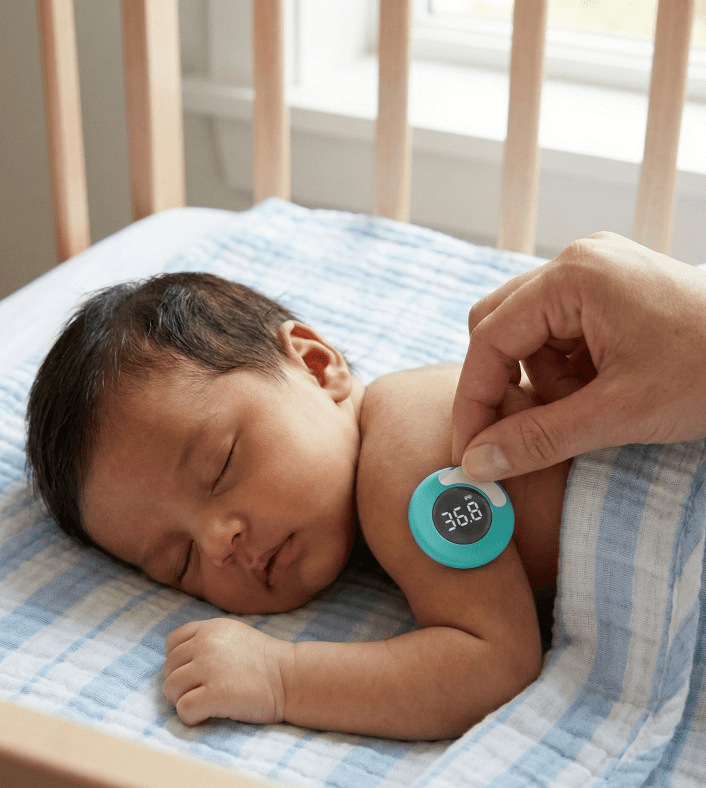 Best Baby Monitors of 2026: Tested for Safety, Sleep, and Sanity 5 A wearable digital baby temperature monitor attached to an infant's underarm to provide continuous body temperature tracking.
