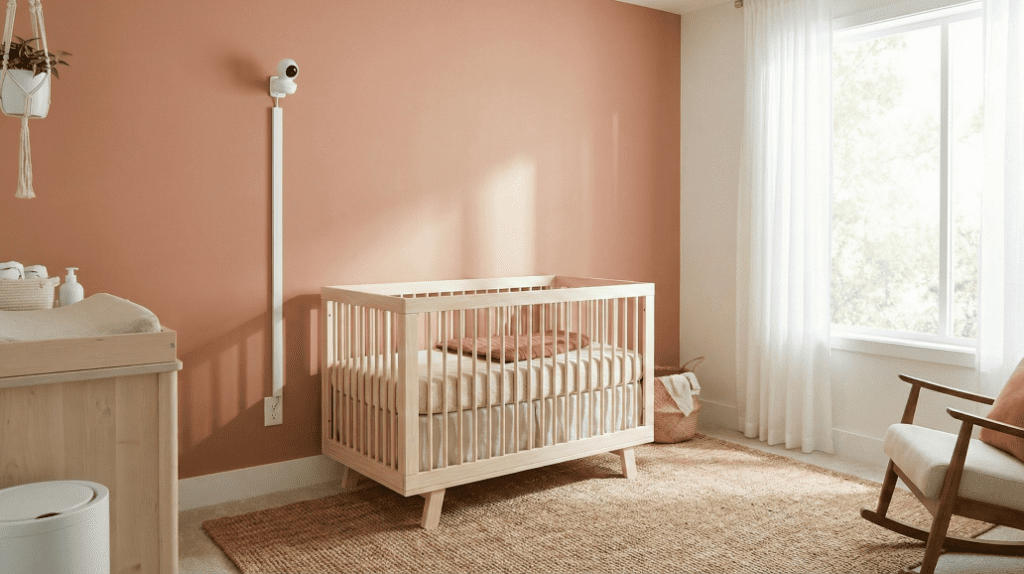 Best Baby Monitors of 2026: Tested for Safety, Sleep, and Sanity 1 A safety diagram illustrating the 3-foot rule, showing a baby monitor camera and its power cord secured 3 feet away from the crib to prevent strangulation.