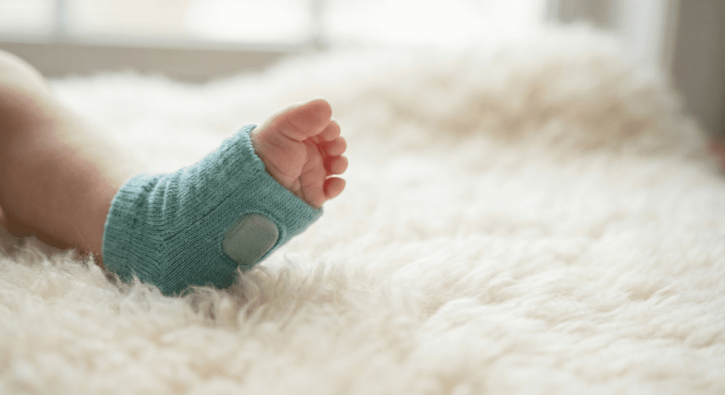 Best Baby Monitors of 2026: Tested for Safety, Sleep, and Sanity 4 A close-up of a baby's foot wearing the Owlet Dream Sock, an FDA-cleared infant o2 monitor that tracks pulse oximetry.