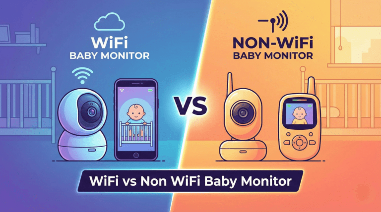 An infographic split into two sections. The left, blue section, labeled "WiFi BABY MONITOR," shows a camera connected via a cloud icon to a smartphone. The right, orange section, labeled "NON-WiFi BABY MONITOR," shows a camera connected via a direct signal icon to a handheld parent unit. A large "VS" is in the center, and a banner at the bottom reads "WiFi vs Non WiFi Baby Monitor".