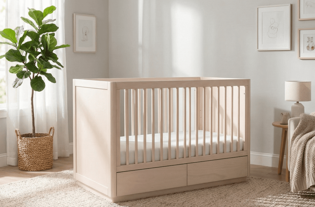 Babyletto Bento 3-in-1 convertible storage crib in white with natural wood base in a modern nursery.