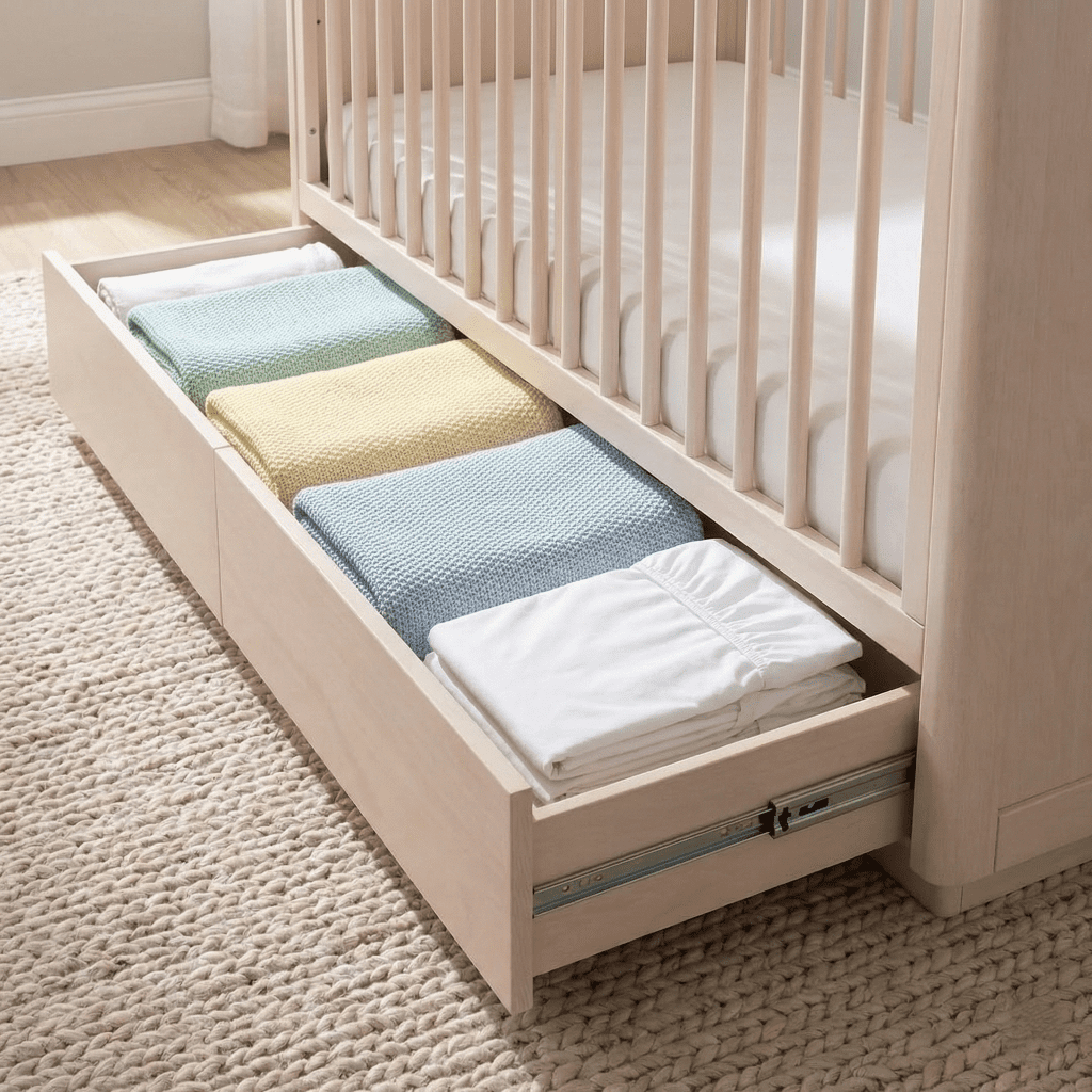 Babyletto Bento 3-in-1 Review: Is The Storage Drawer a Gimmick? 1 Open storage drawer of Babyletto Bento crib filled with folded baby blankets and sheets.