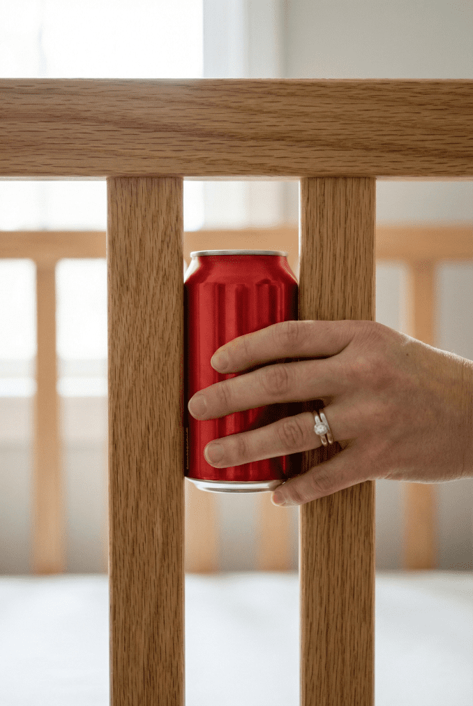 Crib Safety Standards 101: Slat Gaps, Drop-Sides, and Recall Checks 1 A mother using a red soda can to test crib slat spacing. The can does not fit through the slats, indicating the crib is safe and meets the 2-3/8 inch rule.
