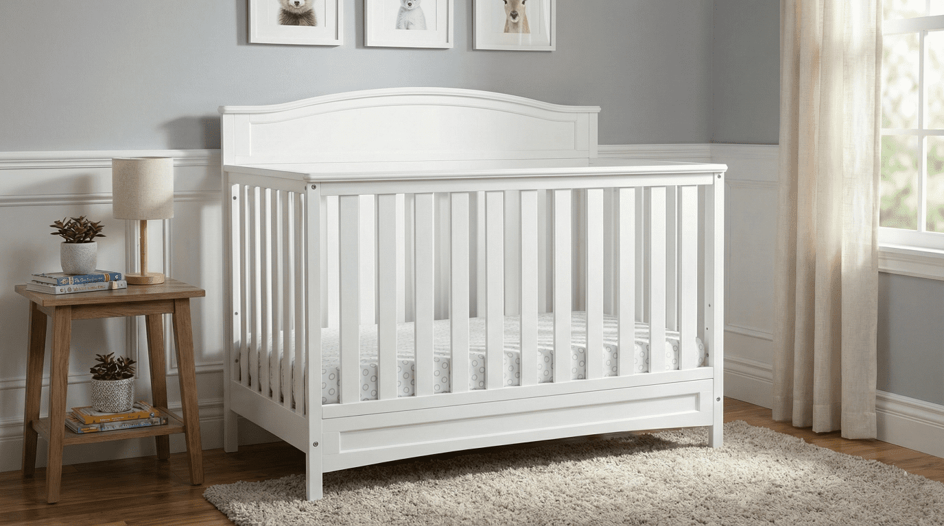 A styled nursery featuring the white Delta Children Emery 4-in-1 Convertible Crib, the subject of our comprehensive Delta Children Emery 4-in-1 crib review.