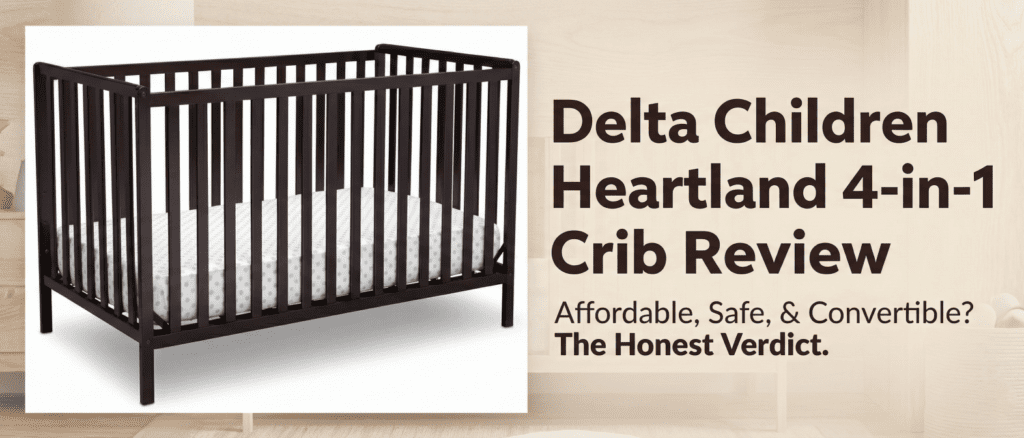 Delta Children Heartland 4-in-1 crib review featured image showing the Dark Chocolate finish convertible crib in a neutral nursery setting with text overlay.
