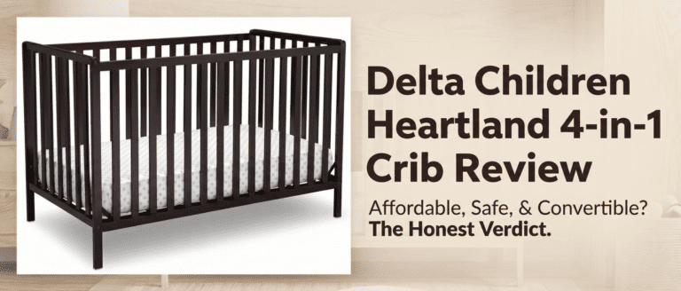 Delta Children Heartland 4-in-1 crib review featured image showing the Dark Chocolate finish convertible crib in a neutral nursery setting with text overlay.