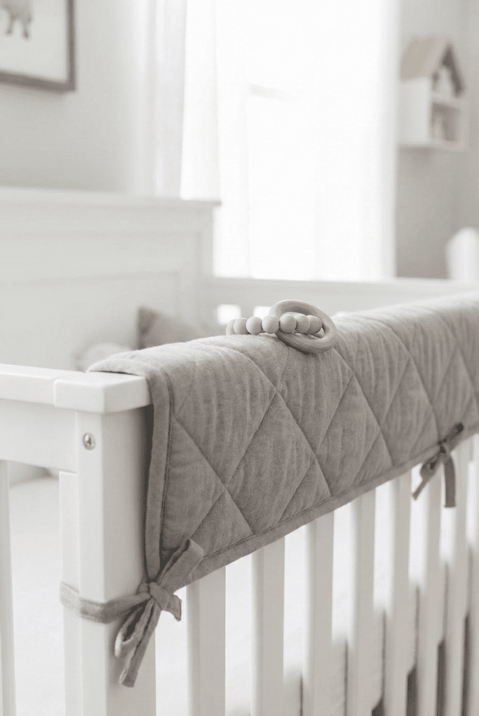 Delta Children Heartland 4-in-1 Crib Review: The Best Budget-Friendly & Safe Choice for 2026? 2 White Delta Children Heartland crib featuring a grey quilted fabric rail guard installed on the top rail to protect from teething marks.