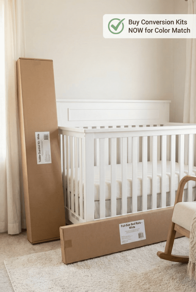 Delta Children Heartland 4-in-1 Crib Review: The Best Budget-Friendly & Safe Choice for 2026? 1 A white Delta Children Heartland crib next to unopened boxes for the matching toddler guardrail and full-size bed conversion rails.