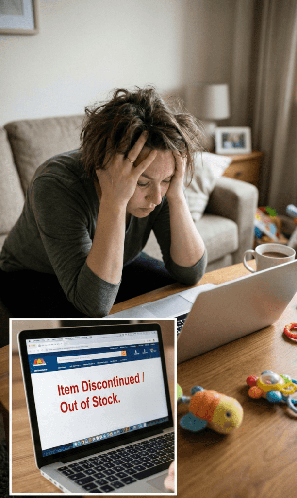 Frustrated mom searching for discontinued crib conversion kit online