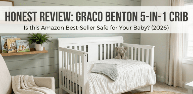 Home 3 A white Graco Benton 5-in-1 convertible crib in a modern farmhouse nursery setting, with a text overlay reading "Graco Benton 5-in-1 Crib Review - Is this Amazon Best-Seller Safe for Your Baby? (2026).
