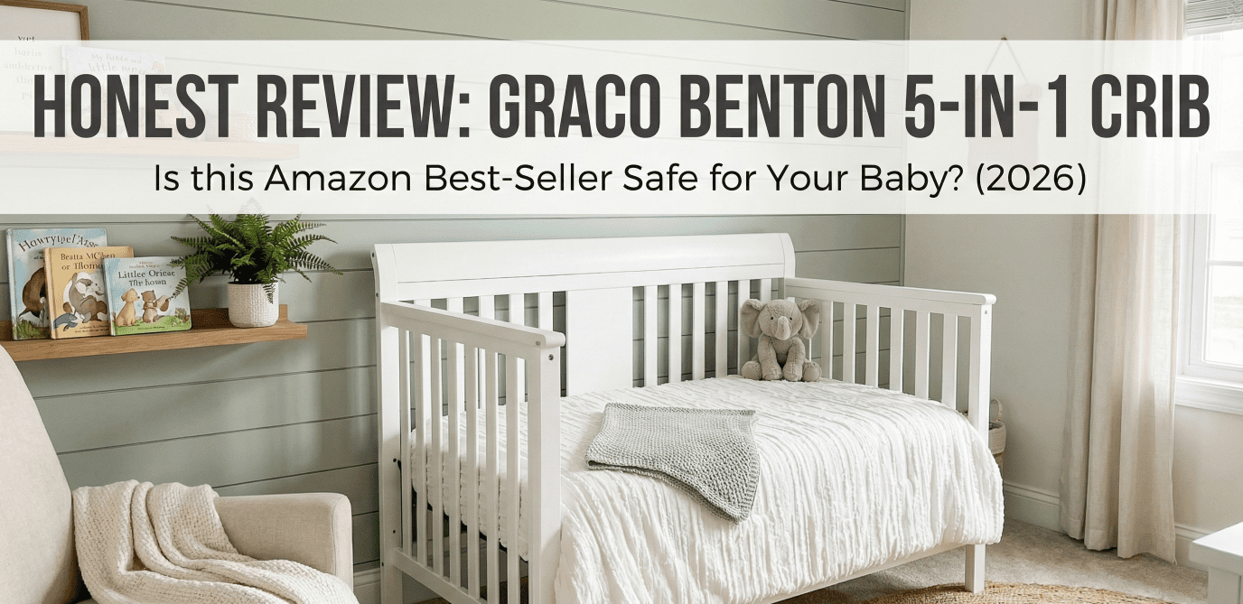 A white Graco Benton 5-in-1 convertible crib in a modern farmhouse nursery setting, with a text overlay reading "Graco Benton 5-in-1 Crib Review - Is this Amazon Best-Seller Safe for Your Baby? (2026).